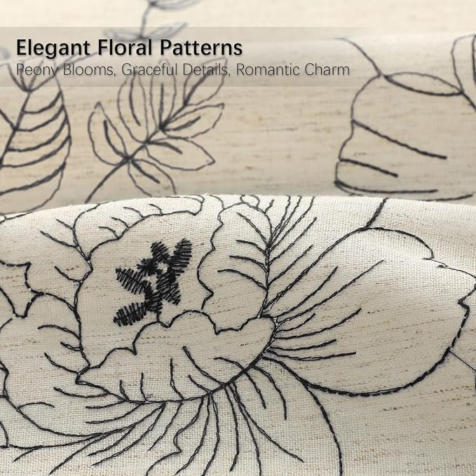Farmhouse Floral Linen Shower Curtain, Vintage Black Embroidered Pattern Rustic Shower Curtains for Bathroom, Tan Taupe,72x72