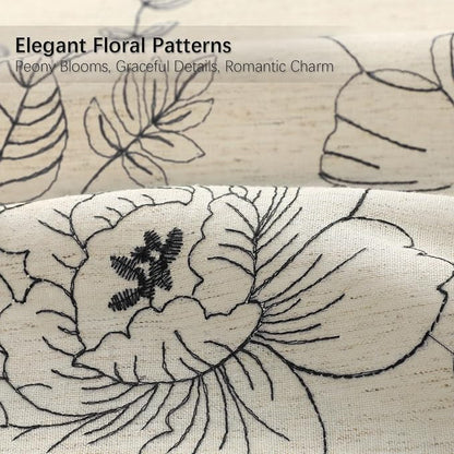 Farmhouse Floral Linen Shower Curtain, Vintage Black Embroidered Pattern Rustic Shower Curtains for Bathroom, Tan Taupe,72x72