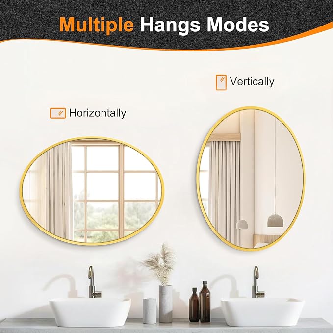 32x24 Gold Oval Bathroom Mirror for Over Sink, Aluminum Frame | HD Reflection No Distortion, Aluminum Frame, Mounting Hardware for Vertical or Horizontal Mount