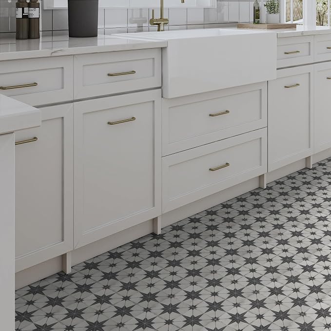 INNO STCIEKRS 16-Sheet Peel and Stick Floor and Wall Tile for Bathroom Kitchen, 9" x 9" Patterned Star SPC Self-Adhesive Vinyl Flooring Encaustic Groutable Backsplash Tile, Covers 9.12 Sq. Ft.