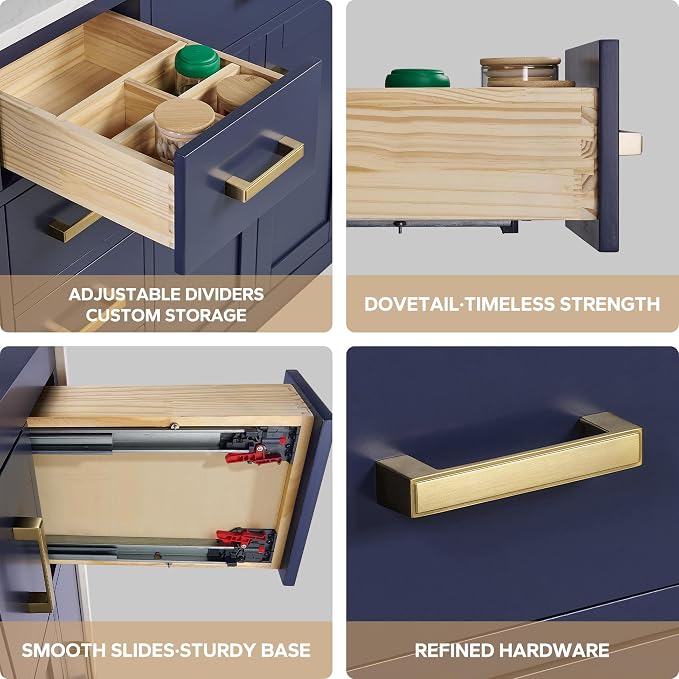 48-inch Bathroom Vanity with Sink, Solid Wood, 0.79-inch Stone Countertop and Backsplash, 9 Drawers, 2 Soft Closing Doors -Royal Blue