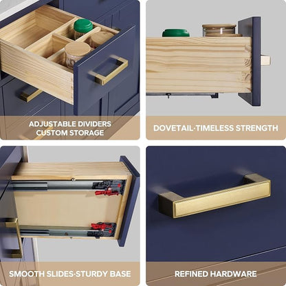 48-inch Bathroom Vanity with Sink, Solid Wood, 0.79-inch Stone Countertop and Backsplash, 9 Drawers, 2 Soft Closing Doors -Royal Blue