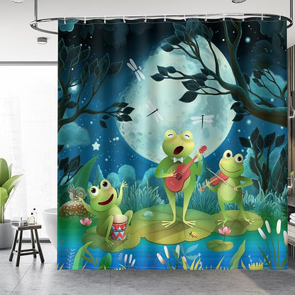 Aimego Funny Frog Shower Curtain - Cute Cartoon Frogs Dragonfly Lotus Leaf Floral Pond Wildflower Moon Fun Bath Shower Curtain Set with 12 Hooks for Kids Adults Bathroom Decor Accessories,72"x72"