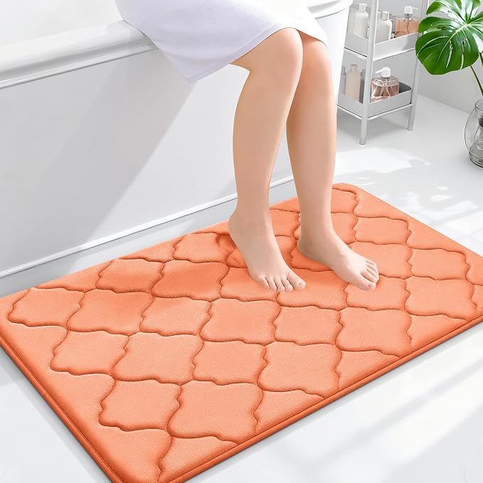 OLANLY Memory Foam Bath Mat Rug 36x24, Ultra Soft and Absorbent Bathroom Rugs, Non-Slip, Comfortable, Machine Washable Bath Carpet for Bathroom Floor, Tub, Shower and Home Decor Accessories, Peach