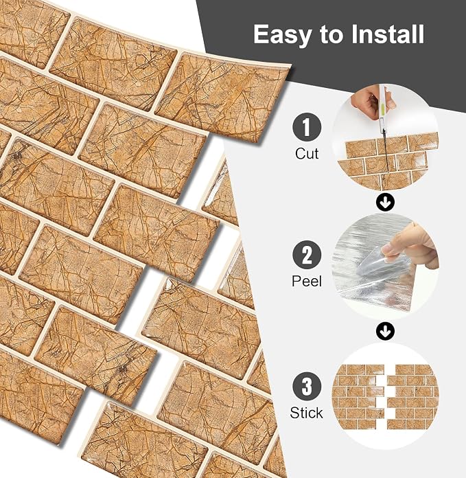 10 Sheets Thicker Design Peel and Stick Backsplash, 12"x12" Peel and Stick Wall Tiles, Subway Look Marble Tiles Backsplash for Kitchen and Bathroom, Rainforest Brown