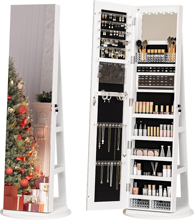 Zamildon's 360° Swivel Jewelry Armoire Cabinet, Lockable Freestanding Full Length Mirror Jewelry Organizer with Storage Shelves & Built-in Makeup Mirror, White