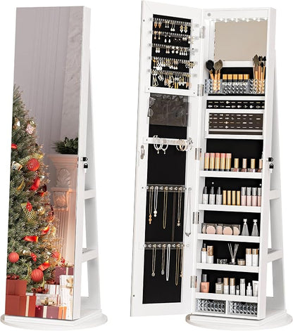 Zamildon's 360° Swivel Jewelry Armoire Cabinet, Lockable Freestanding Full Length Mirror Jewelry Organizer with Storage Shelves & Built-in Makeup Mirror, White