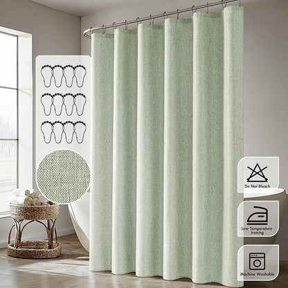 ANRODUO Sage Green Linen Textured Fabric Shower Curtain Set - W72xL84 | Farmhouse Shower Curtain with 12 Metal Hooks, Waterproof Heavy Duty, Button Hole Design, Machine Washable for Bathroom