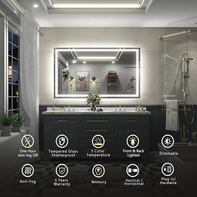 LED Bathroom Mirror for Wall 84x40 Inch | Large Lighted Vanity Mirror with Lights, Dimmable, Front Lights + Backlit, Anti-Fog, Shatter-Proof, Memory, ETL Listed