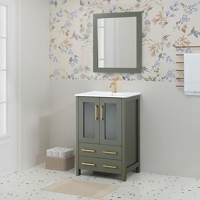 HOMEBEYOND 24 Inch Modern Bathroom Vanity with Sink & Mirror, Single Vanity Cabinet with Basin and Mirror, Dove-Tailed Drawers, Soft-Closing Doors, Wood, Vintage Green