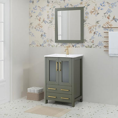 HOMEBEYOND 24 Inch Modern Bathroom Vanity with Sink & Mirror, Single Vanity Cabinet with Basin and Mirror, Dove-Tailed Drawers, Soft-Closing Doors, Wood, Vintage Green
