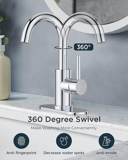 FORIOUS Single Hole Bathroom Faucets 3 Hole One Handle 360° Swivel Gooseneck Spout, Lead-Free, Suitable for Wet Bar Kitchen RV Vanity Restroom,with Pop Up Drain and Supply Line