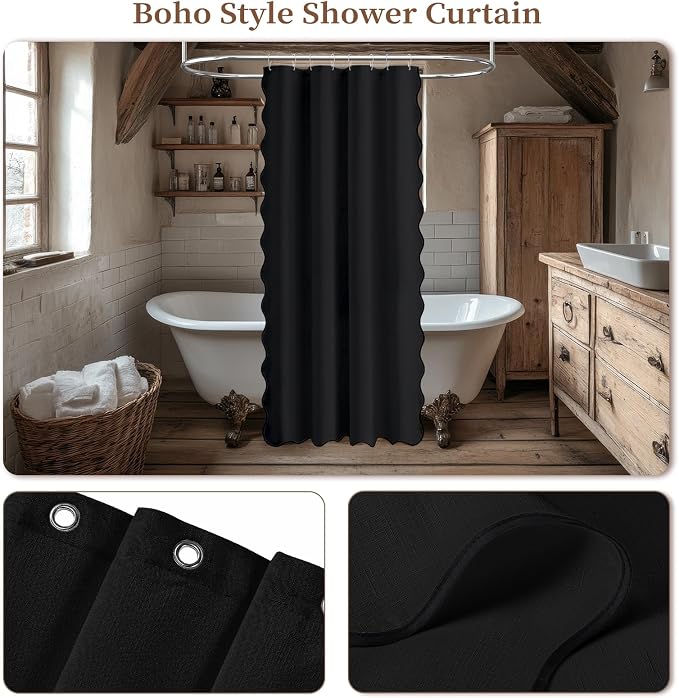 BTTN 48x72 Boho Scalloped Linen Textured Cloth Shower Curtain Set, Black | Stall Size, 230GSM Waterproof Polyester, Heavy Duty Fabric, 8 Plastic Hooks, Elegant Modern Farmhouse Style, Machine Washable