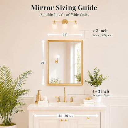 Brushed Gold Bathroom Mirrors for Over Sink 22x30 Inch | Inner Arc Aluminum Frame Rectangle Vanity Mirror for Bedroom Entryway, HD Tempered Glass, Anti-Rust, Horizontal or Vertical