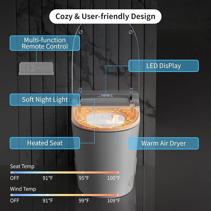 Luxury Smart Toilet, Bidet Toilet with ADA Chair Height, Auto Open/Close, 1000 Gram MaP Auto Flush, Warm Water/Dryer, Deodorization, Elongated Heated Seat, Smart Toilet with Bidet Built in | MAP 1000g Auto-Flush, Hot & Cold Bubble Spa Wash, ADA Height ...