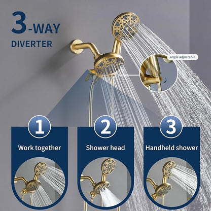 Tub and Shower Faucet Set Complete Dual Shower Head and Handheld 2 in 1 Combo Set Shower System with Tub Spout Tub and Shower Trim Kit Brushed Gold