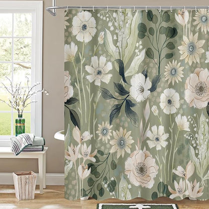 Boho Floral Shower Curtain, Green Botanical Fabric Curtain, 72 x 72 | Boho Chic Floral, Vintage Botanical, Modern Farmhouse, Eclectic Rustic, Colorful Flowers, Fabric Shower Curtain