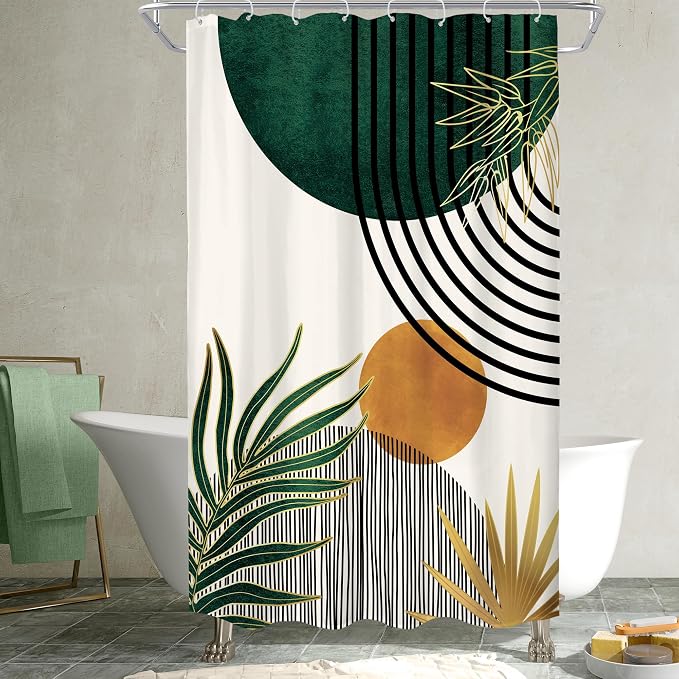 KOMLLEX Mid Century Green Boho Abstract Modern Bathroom Shower Curtain Set | 48Wx72L Plant Botanical Palm Leaves Design, Waterproof Hd Print With Fast-Drying Fabric and 12 Hooks