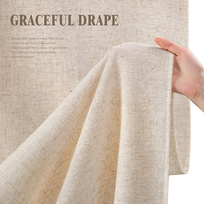 Linen Shower Curtain Beige, Fabric Boho Farmhouse Shower Curtains for Bathroom Cream Cotton Natural Cloth Liner Set 48" W x 72" L