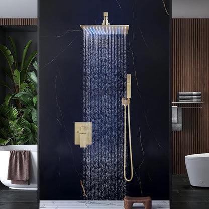 Aolemi Shower Faucet Set with Valve Handheld 10" LED Head Brushed Gold | Handheld Spray,10 Inch Rain LED Head,Valve and Trim Kit,All Metal,Wall Mount Shower System,Bathroom Mixer