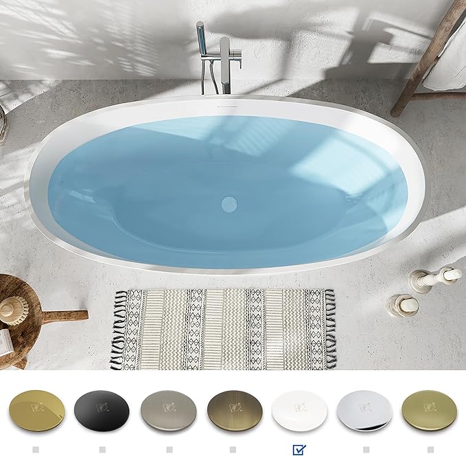 FerdY Tahiti 67" Freestanding Bathtub Elegant Oval Shape, Glossy White Double Walled Insulation bathtub with Center Polished White Drain & Overflow, cUPC Certified