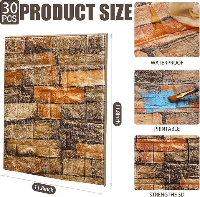 30 Pcs 3D Wall Panels Peel and Stick Wallpaper Foam, Rustic Brown | Faux Brick Stone Tiles, Covering 28.8-48.4 Sq ft, Self Adhesive Waterproof Panels for Bedroom Living Room Kitchen Walls
