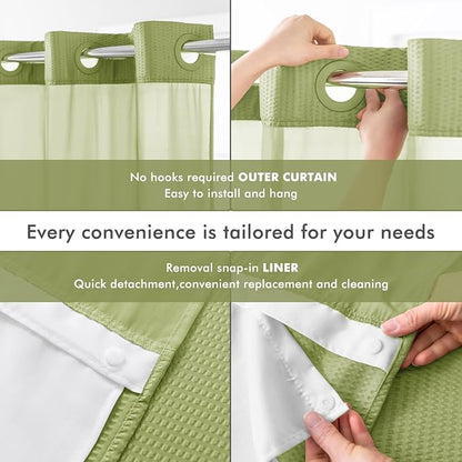 No Hook Shower Curtain with Snap-in Liner, Embossed Waffle Design Fabric Shower Curtain for Bathroom, Soft & Lightweight, 71x74, Sage Green