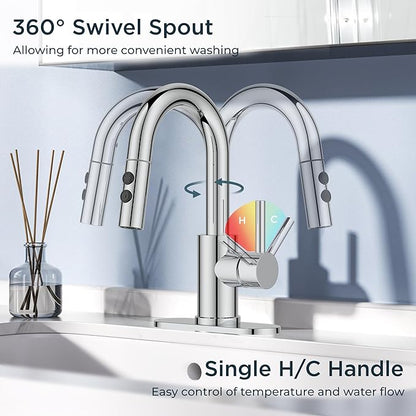FORIOUS Chrome Bathroom Faucet with Pull Down Sprayer, Single Hole Bar Sink Faucet 1 Hole with Pop Up Drain Hose, Suitable for Bathroom, RV,Vanity, Restroom & Utility Sink