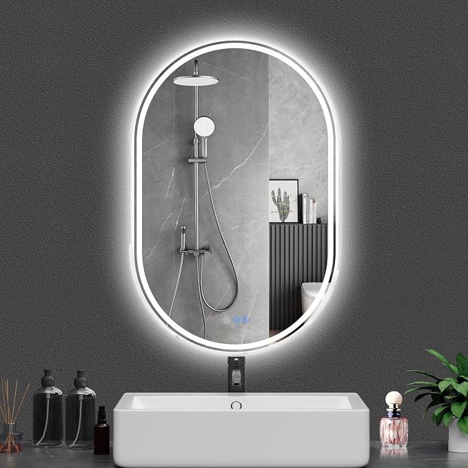 Oval LED Bathroom Mirror, 24"x 40" Frameless Lighted Mirror | LED Mirror with Front Light & Backlit, Anti-Fog, Dimmable Wall Mounted Lighted Mirror, Pill-Shaped Smart Bathroom Mirror
