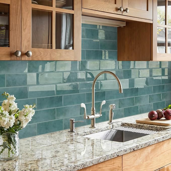 STICKGOO 10-Sheet Subway Peel and Stick Backsplash Tiles Muted Teal | Waterproof 3D PVC wall tiles with strong adhesive, extra thick for kitchen backsplash and bathroom walls