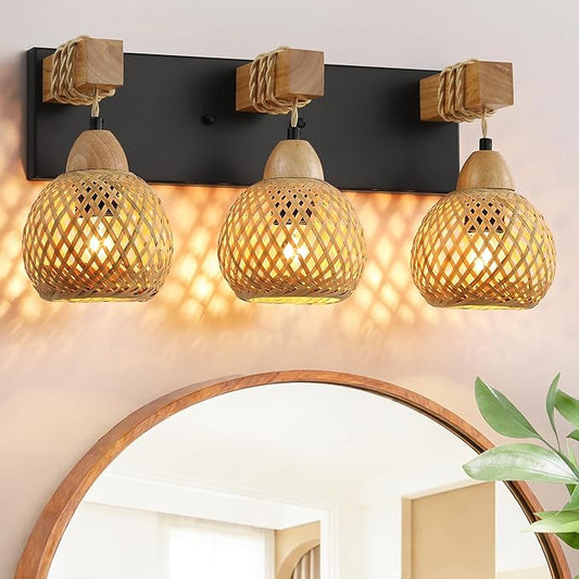 Farmhouse Bathroom Light Fixture, 3-Light Boho Vanity Light, Bamboo Bathroom Light Fixture Over Mirror Rustic Vanity Lighting with Handmade Bamboo Shades, Suit for Restroom, Bedroom, Hallway