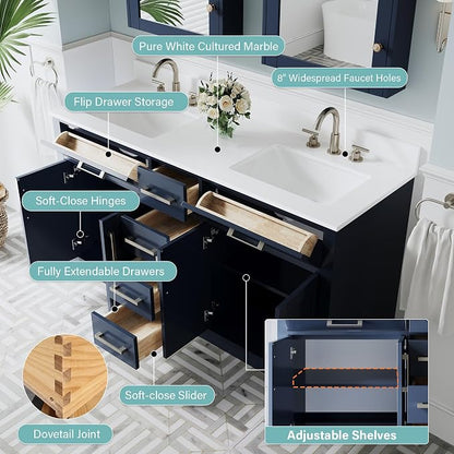 60-Inch Bathroom Vanity with Double Sinks W/ 4 Doors & 4 Drawers & 2 Flip Drawers, Navy Blue Vanity W/Brushed Nickel Handles