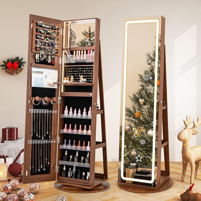 GOFLAME 360° Swivel Jewelry Cabinet Armoire with Full Length Mirror, Standing Jewelry Storage Organizer with Rear Storage Shelves, 3-Color LED Lights, Foldable Shelf, Interior Mirror, Walnut