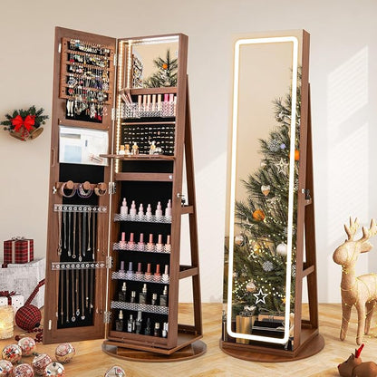 GOFLAME 360° Swivel Jewelry Cabinet Armoire with Full Length Mirror, Standing Jewelry Storage Organizer with Rear Storage Shelves, 3-Color LED Lights, Foldable Shelf, Interior Mirror, Walnut