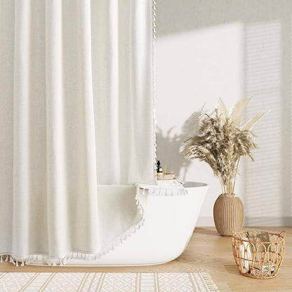 Natural Boho Linen Shower Curtain 80 Inch Long Boho Weighted Tassel Design Fabric Bath Curtain Set with Hooks Rustic Luxury Decorative Tall Shower Curtain for Bathroom 72x80, Cream
