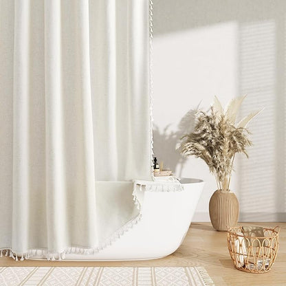 Cream Boho Linen Shower Curtain 78 Inch Modern Vintage Country Bathroom Decor Shower Curtain Set with Hooks 78 Inch Length Tassel Design Water Repellent Neutral Bath Curtain 72x78, Natural