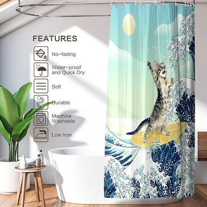 Funny Cat Shower Curtain, Surfer Cat Shower Curtain Battle Blue Ocean Great Wave for Bathroom with 12 Hooks, Polyester Fabric Summer Shower Curtains Set Waterproof Kids Bath ShowerCurtain Decorative