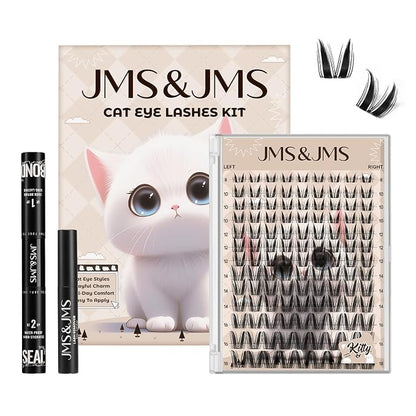 JMS&JMS Cat Bunny Lash Clusters Kit, Anime Eyelash Cluster Kit with Spikes | Invisible Band Manga Lashes Natural Wispy Lash Extension Kit with Lash Bond and Seal, Tweezers at Home