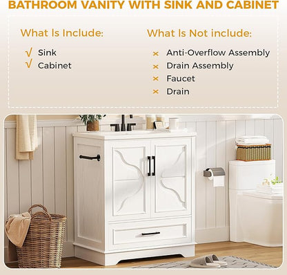 IRONCK 30" Bathroom Vanity with Ceramic Basin,Modern Under Sink Cabinet with 2 Soft Closing Doors and 1 Drawer, Free Standing Bathroom Storage Cabinet with Sink Combo Set,NO Faucet Accessories, White