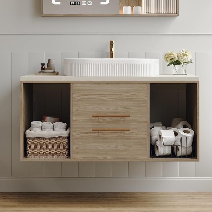 38.2 inch Modern Floating Bathroom Vanity with Sink, Wall Mounted Bathroom Cabinet with Oval Fluted Ceramic Sink, Pure White Counter Top, 2 Soft Closing Drawers & Open Storage Shelf