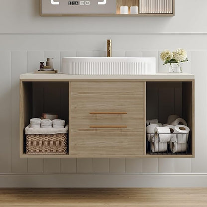 38.2 inch Modern Floating Bathroom Vanity with Sink, Wall Mounted Bathroom Cabinet with Oval Fluted Ceramic Sink, Pure White Counter Top, 2 Soft Closing Drawers & Open Storage Shelf