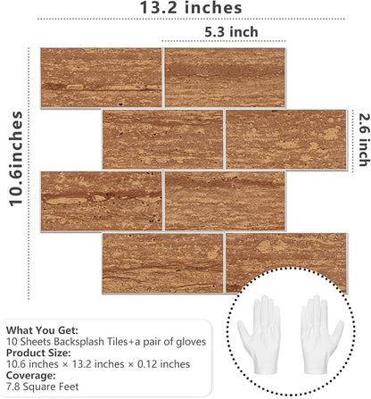 STICKGOO 10-Sheet Backsplash Peel and Stick Subway Tile(Thicker Design, Faux Red Travertine)