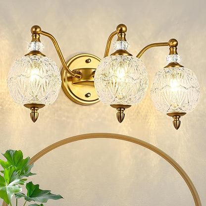 Vintage Bathroom Vanity Light, 3-Light Mid Century Matte Brass Finish Wall Sconce with Globe Glass Shades, Retro Mirror Light for Bathroom, Powder Room