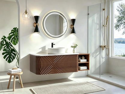 48" Floating Bathroom Vanity with Sink, Mid-Century Wall Mounted Bathroom Vanity Cabinet with Wood Waved Decor,Ceramic Vessel Basin and Sintered Stone Top, Soft Close Drawer, Side Open Cube