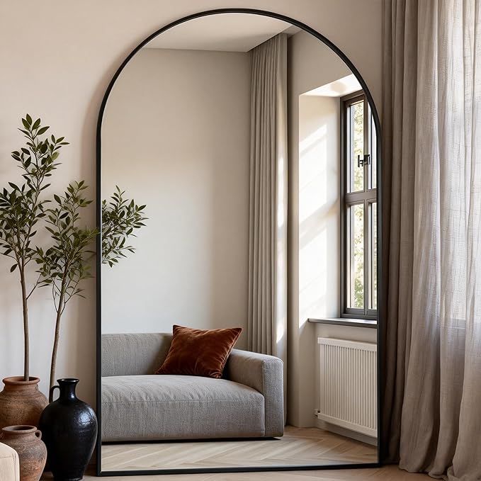 Dewfig Arched Full Length Mirror, 90"x46" Large Floor Mirror, Black | Aluminum Alloy Frame Oversized Full Body Mirror, HD Shatterproof Tempered Glass, Lean/Stand/Wall for Living Room,Bedroom