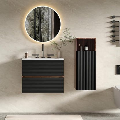 12" Floating Bathroom Storage Cabinet, Modern Wall Cabinets with Soft-Closing Door & Open Shelf, Bathroom Side Cabinet for Small Spaces, Apartment, Walnut+Black