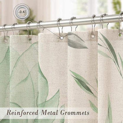 Litabel Farmhouse Green Floral Linen Shower Curtain, Boho Vintage Spring Cotton Shower Curtains for Chic Elegant Bathroom Decor, Ink Painting Style Blossom Fabric Bath Curtain, 72 x 72