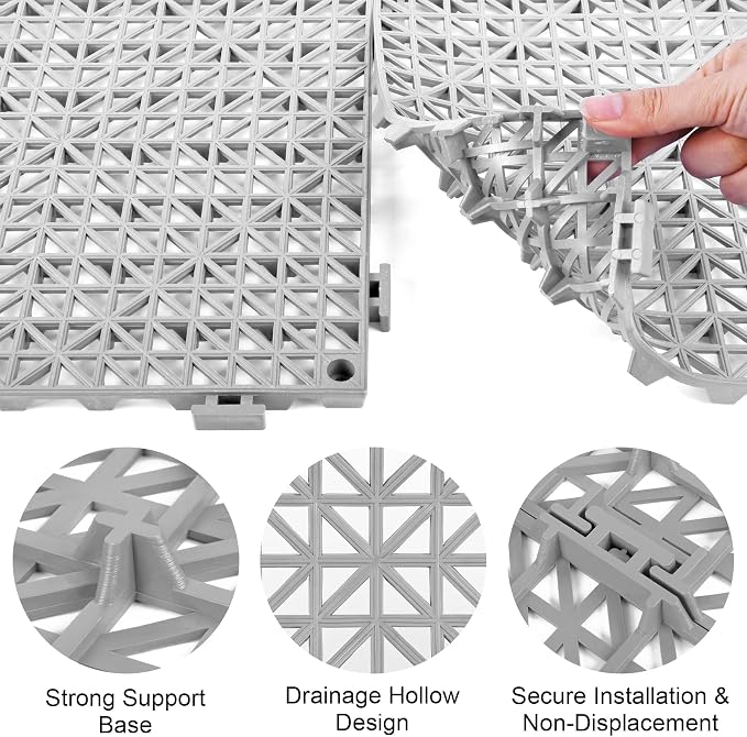 Modular Interlocking Cushion 8 Pack 11.8" x 11.8" Rubber Floor Tiles Non-Slip Splicing Drainage Mats for Deck, Gray