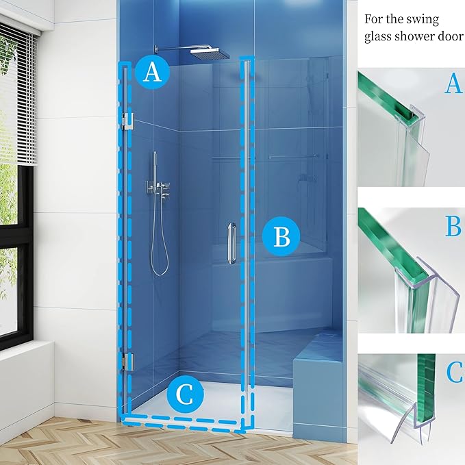 Shower Door Seal Strip Kits Set of 3 Polycarbonate Include 2 PCS 80" Side Seals and 1 PCS 36" Bottom Seal for 3/8"(10mm) Thick Glass