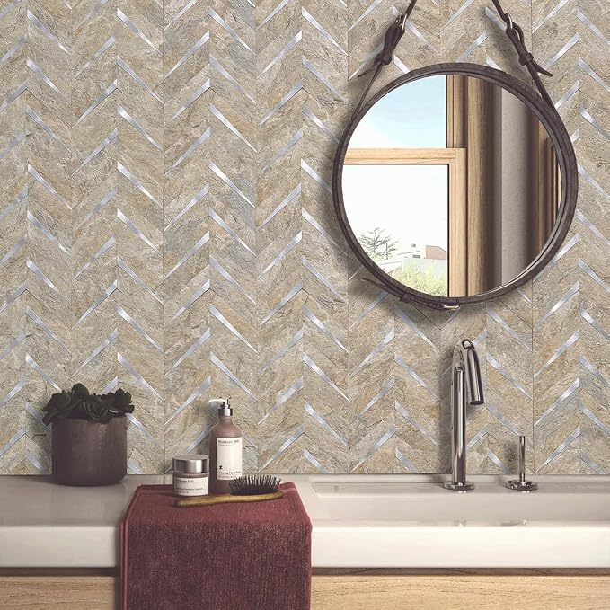 DICOFUN 10-Sheet Sandstone Look Herringbone Peel and Stick Backsplash for Kitchen, PVC Mixed Metal Gold Chevron Stick on Backsplash Wall Tiles